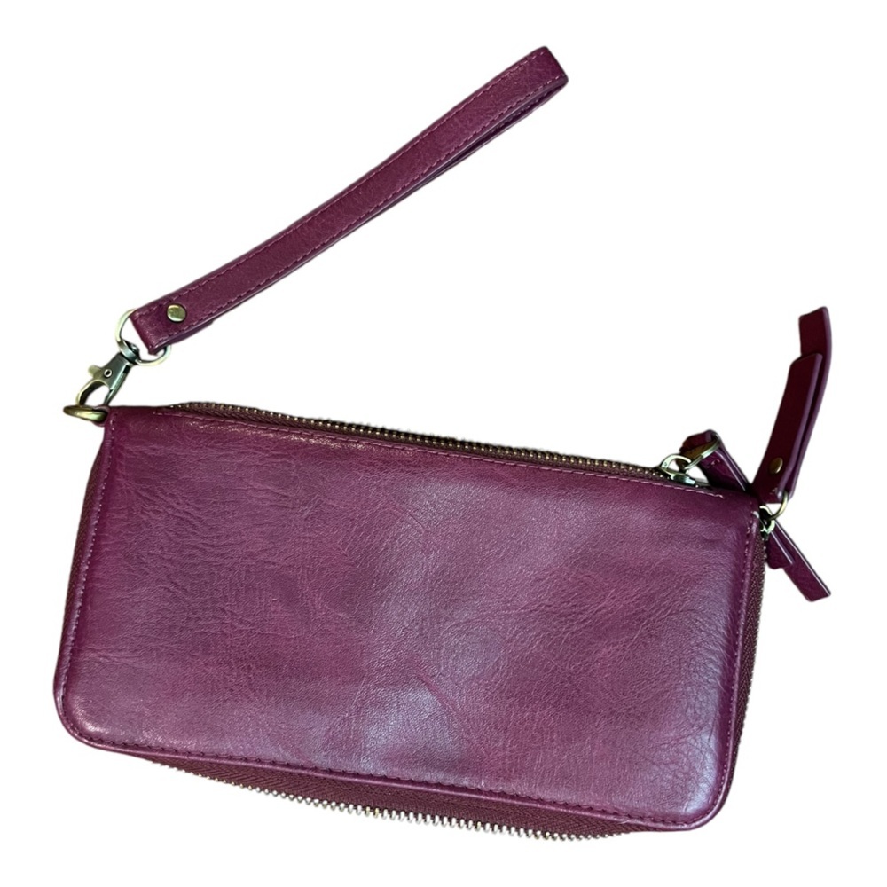 Joy Susan Chloe Purple vegan Leather Wristlet Clutch multi zip pockets wallet